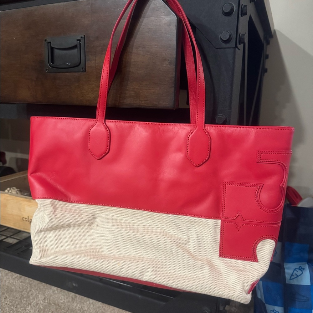 Tory Burch Red and Cream Tote Bag